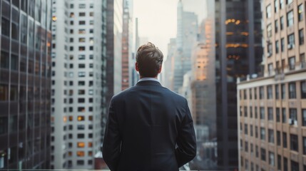 A man in a suit looks out at the city.