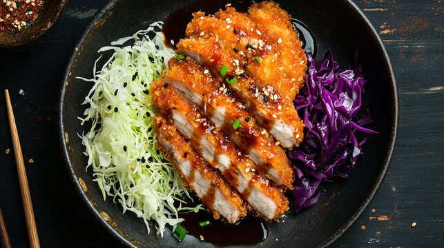 Crispy Tonkatsu Pork Cutlet With Cabbage and Katsu Sauce Served Hot