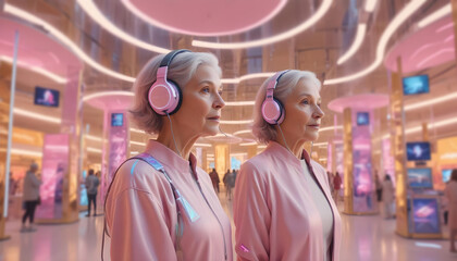 Obraz premium Elderly woman shopping with VR headset in clothing store