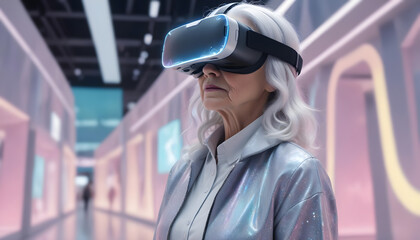 Fototapeta premium Elderly woman shopping with VR headset in clothing store