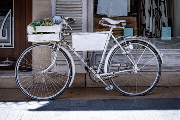 vintage bicycle with pots of plants and flowers leaning against a wall