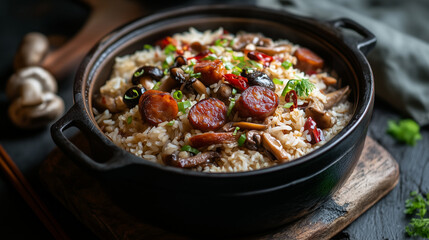 Hot Cantonese Claypot Rice With Lap Cheong and Mushrooms
