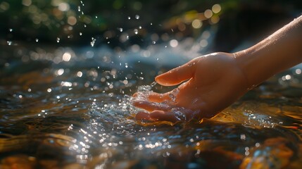 Water pouring on hand in morning ligth background. 