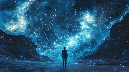 Fototapeta premium A man stares at the night sky, reflecting on his life, burdened by feelings of solitude and uncertaint