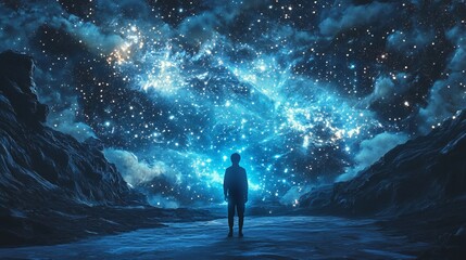 Fototapeta premium Lost in his thoughts, a man looks up at the constellations, struggling with inner turmoil and isolation.