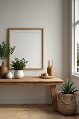 Mockup frame in minimalist cozy interior background, 3d render