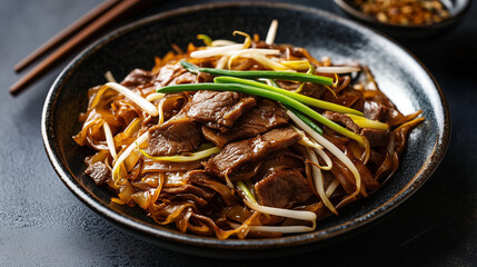 Delicious Beef Chow Fun With Rice Noodles Served With Bean Sprouts