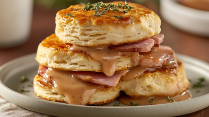 Buttermilk Biscuits With Country Ham and Red Eye Gravy for Breakfast
