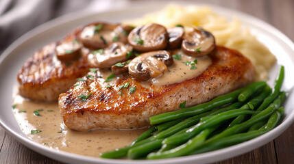 Buttery Veal Escalope With Creamy Mushroom Sauce and Green Beans