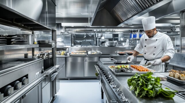 Professional Restaurant Kitchen: Chef Preparing Food