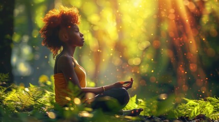 Find Inner Peace and Serenity in Nature Woman Meditating in a Tranquil Forest, Embracing Mindfulness and Relaxation, Radiant Glow of Golden Sunlight