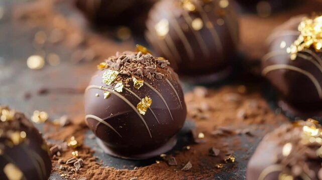 Indulge in luxurious chocolate pralines with gold leaf on a cocoa dusted dark background, perfect for special occasions. Rich, handmade truffles promise a decadent experience