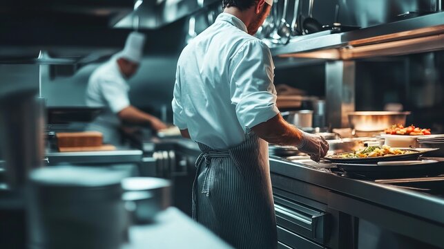 Professional Restaurant Kitchen: Chef Preparing Food