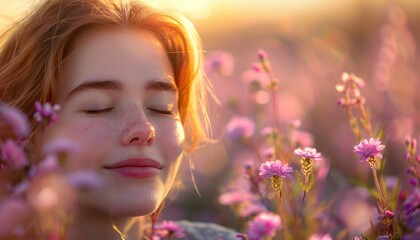 Fototapeta premium Serene Fashion Photography Capture the Essence of Relaxation and Style, A Woman Finds Peace in a Field of Flowers
