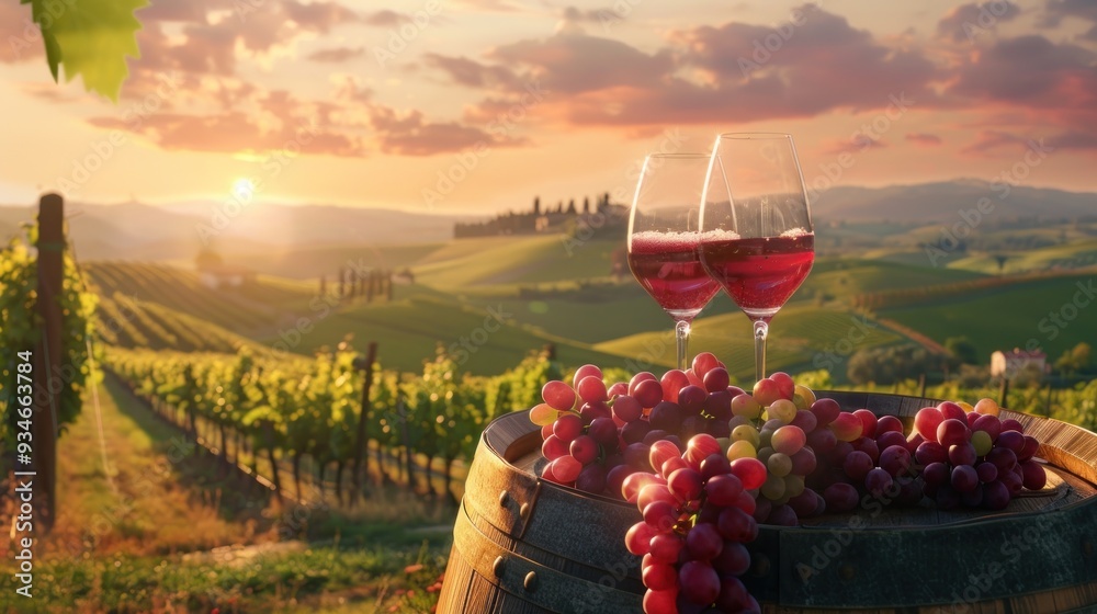 Wall mural wine tasting sunset in tuscany