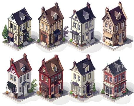 set of isometric houses, simple vector illustration, 3D render, front view, top down view, front and side views clipart element, prnt, business, workart