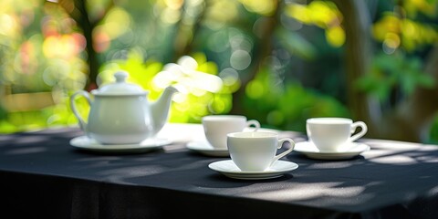 Fototapeta premium Sophisticated black table cover accompanied by white mugs and a teapot in an outdoor setting 02