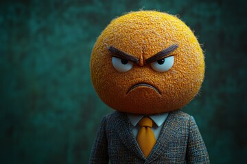 Potrait of a businessperson in a modern suit with an angry emoji head, blurred green background