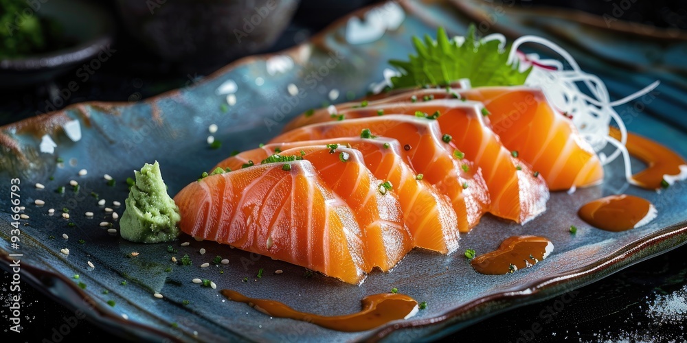 Poster salmon sashimi with wasabi traditional japanese cuisine