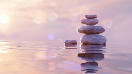 Zen Stones on a Calm Water with a Pink Sunset