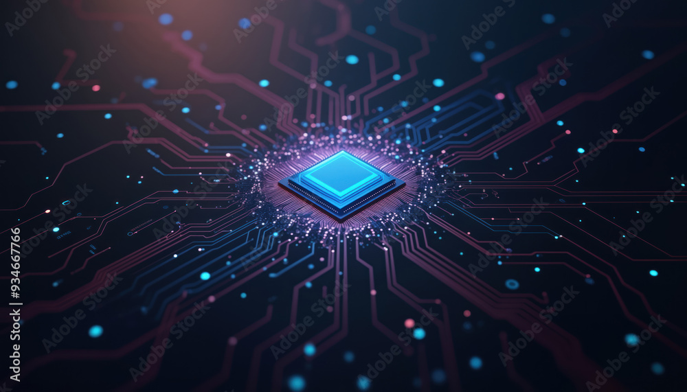 Poster ai processor with glowing circuit board: an ai processor glowing on a circuit board, surrounded by n