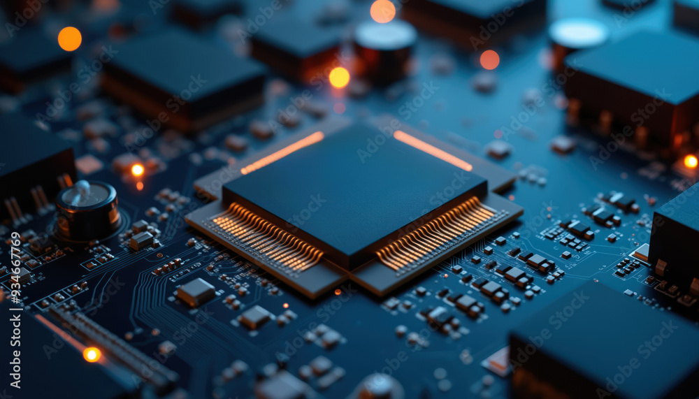 Poster microprocessor on blue circuit board: a microprocessor on a blue circuit board, surrounded by electr