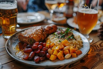 Close-Up of Traditional Bavarian Meal with Beer at Oktoberfest Festival in Munich