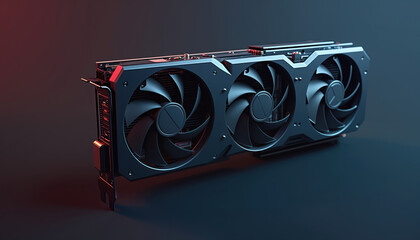 Triple-Fan Graphics Card on Black Background: A high-performance graphics card with triple fans, placed on a black background, designed for gaming and advanced computing. © Quardia Inc.
