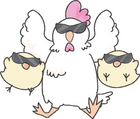 サングラスをしてジャンプする可愛いにわとりとひよこ