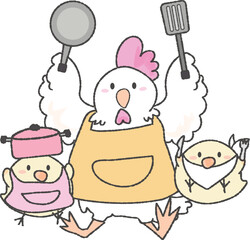 フライパンや鍋を持って料理をする可愛いにわとりとひよこ © nunini