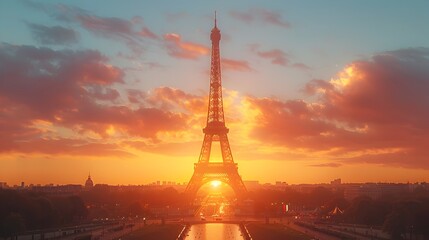 Fototapeta premium Iconic Eiffel Tower in Paris Illuminated Under Dramatic Sunset Sky