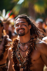 Smiling Tribal Man in Traditional Attire at a Cultural Festival