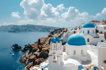 Fototapeta premium Picturesque Santorini Landscape with Traditional White Buildings and Blue Domes Overlooking the Aegean Sea
