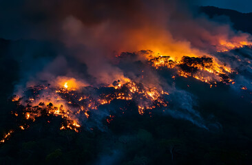 Forest fires, trees burned down, disasters.