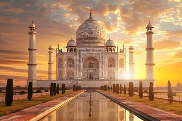 Fototapeta premium Majestic Taj Mahal at Sunrise,Reflecting in the Calm Waters