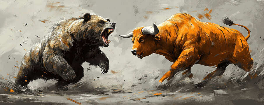 A bear and a bull are fighting in a muddy field. Scene is intense and aggressive