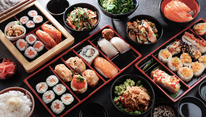 Fototapeta premium Japanese food is a lot of food on the table ready to eat.