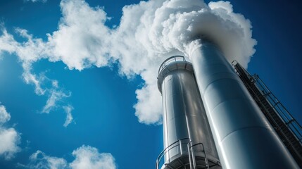 Industrial Chimneys Emitting White Smoke Against a Clear Blue Sky on a Sunny Day