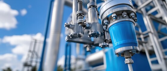 Obraz premium Close-Up of Industrial Equipment with Blue Valves and Pipes Against a Cloudy Sky Background
