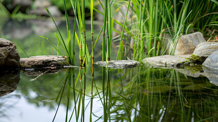 Obraz premium A serene scene in a Zen garden, where lemongrass and bamboo reflect in a pond, creating a mirror-like calm.