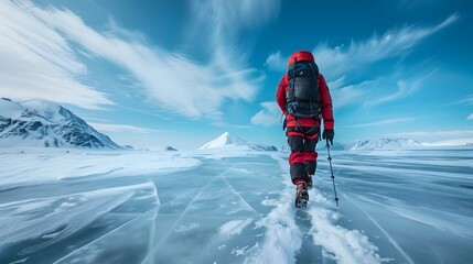 Adventurer Traversing the Frozen Tundra Amid Vast Open Skies and Tranquil Landscapes