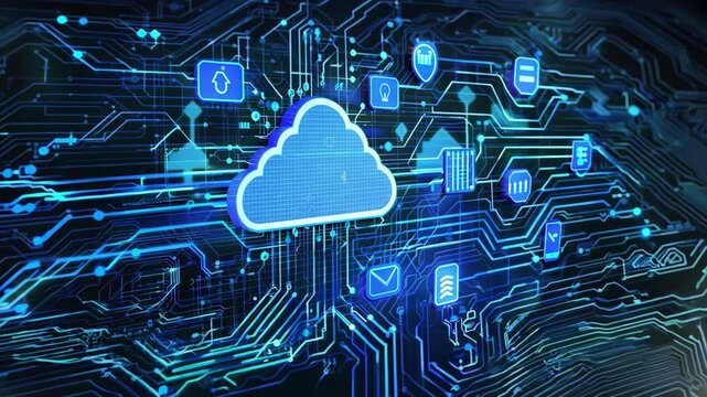Digital representation of cloud computing technology with circuit board design, showcasing data connectivity and modern innovation.