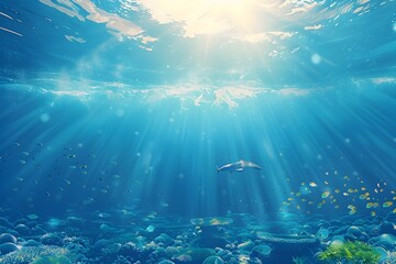 Fototapeta premium Serene Underwater Oasis with Vibrant Marine Life in Crystal Clear Ocean