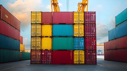 Fototapeta premium Towering stacks of vibrant cargo containers being arranged by massive cranes at a bustling shipping port with the open sea in the backdrop