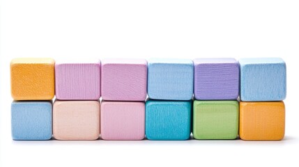 Delightful Stack of Colorful Toy Blocks in Pastel Tones on White Background