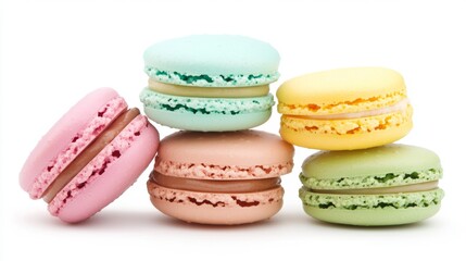 Obraz premium Sweet Delights: Stack of Colorful Macarons in Pastel Shades - Close-up French Dessert on White Background