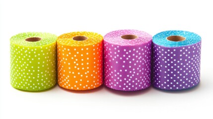 Colorful Polka Dot Ribbons in Vibrant Hues, Craft Supplies Rolled Up and Isolated on White Background