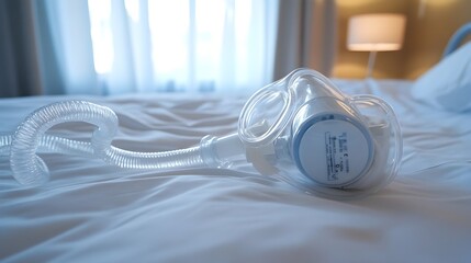 Oxygen mask connected to medical tubing resting on a clean white hospital bed  The essential equipment for providing life saving oxygen support and respiratory therapy in a healthcare setting