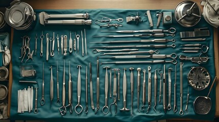 Fototapeta premium A set of surgical instruments including scalpels forceps clamps tweezers and scissors neatly arranged on a sterile medical table ready for a surgical procedure