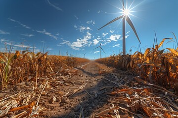 Wind Turbines Tower Over Golden Cornfield Under Bright Blue Sky at Sunset
